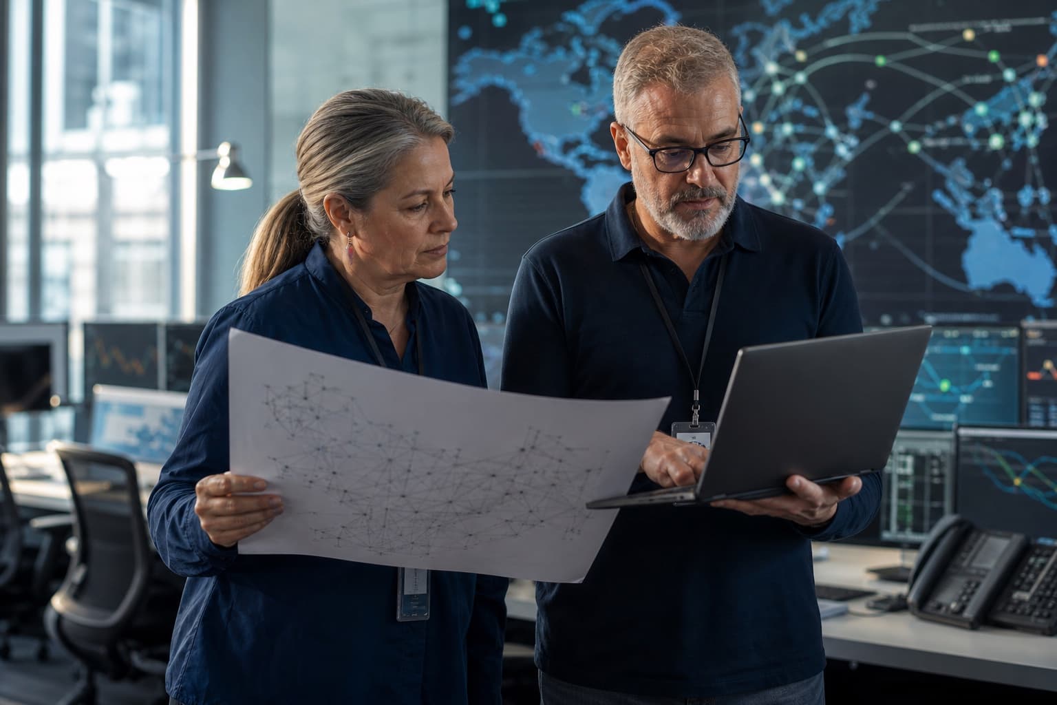 Internet infrastructure leaders reviewing network topology and routing evidence together.